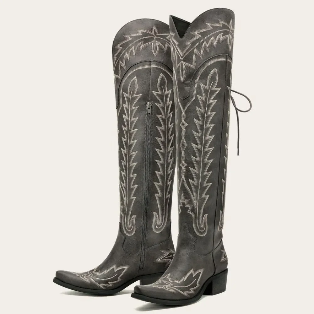 REDTOP The Ross Grey Over-the-Knee Wide Calf Cowgirl Boots Back Tie & Embroidery